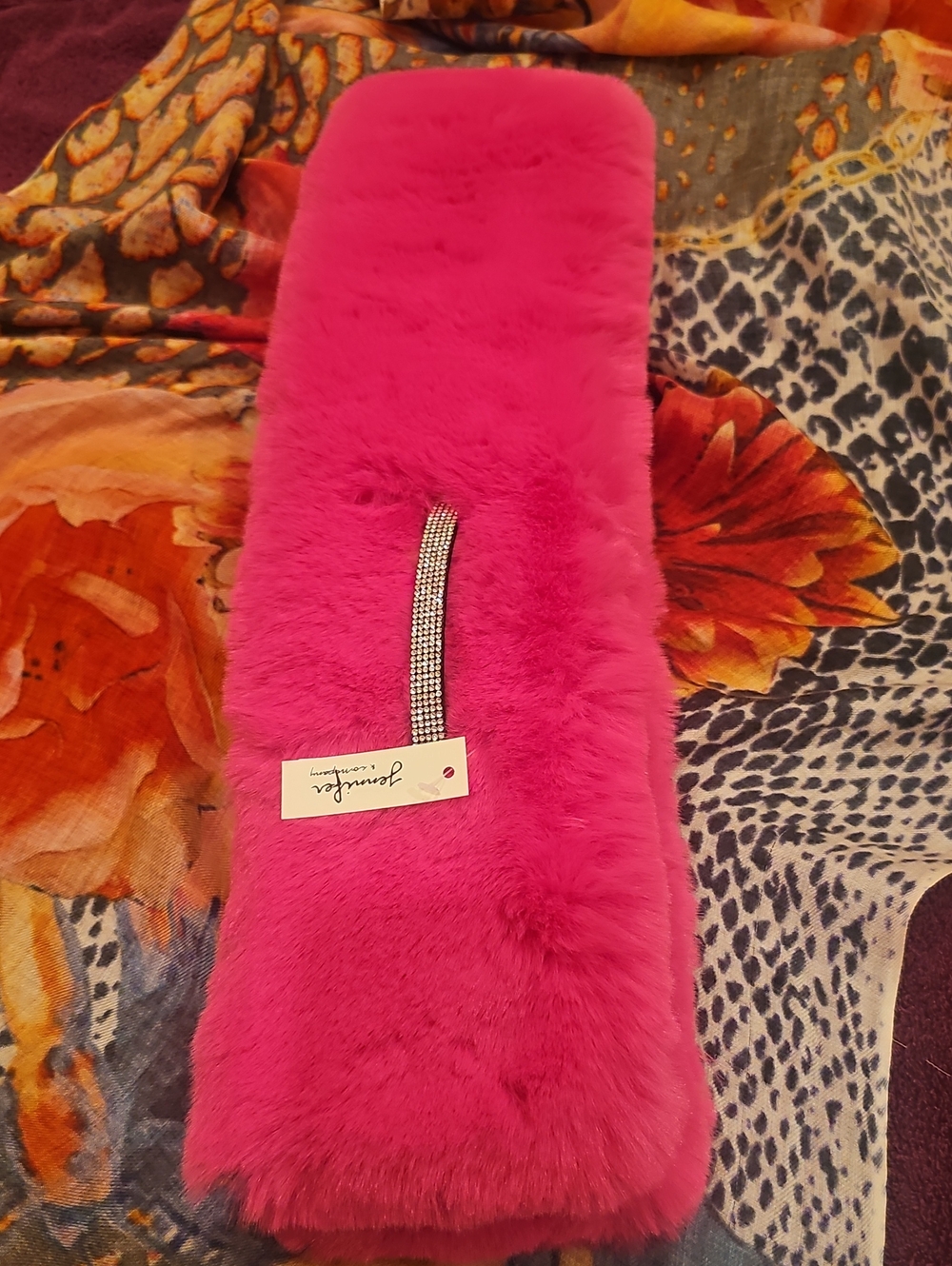Hot Pink Faux Fur Scarf with Rhinestone Accent